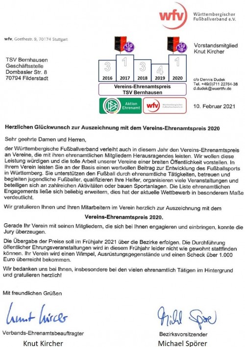 Sieger WFV Ehrenamtspreis 2020 - Offizieller Brief ist da!